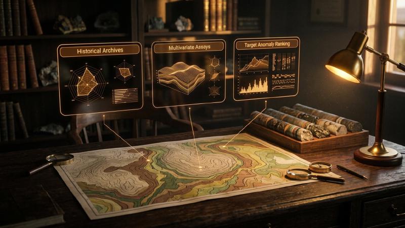 AI mining speeds up work on archives, assays and target ranking, while the geologist keeps the map and the decision. AI mining for geologists: three holographic data panels linked by lines to a geological map on a desk