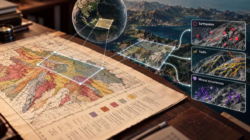 The stored georeference supplies the search area Geologic AI query on a scanned geologic map: the area of a scanned geologic map is matched to its place on a globe, and that area returns earthquakes, faults and mineral occurrences