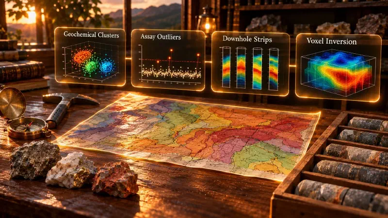 Geological data analysis software identifies multivariate geochemical patterns and drillhole anomalies while keeping raw database records secure. Photorealistic 3D render of a geologist’s workbench with holographic panels showing geochemical clusters and voxel inversion.