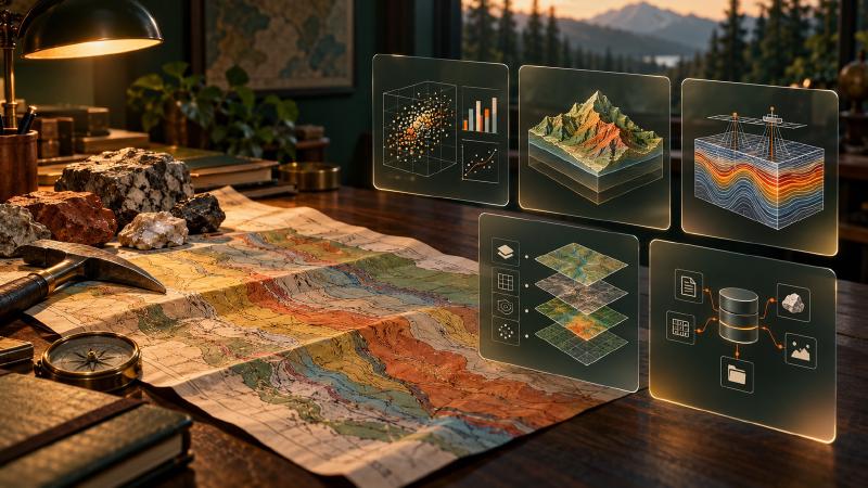Geology software covers distinct tasks, from analysing samples to mapping and modelling the subsurface. Five geology software categories above a geologist’s map desk: analysis, modelling, geophysics, GIS and data management