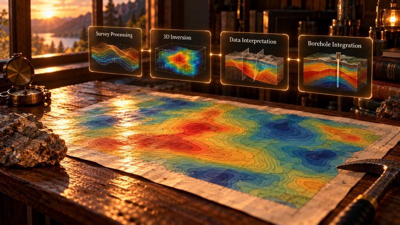 Geophysics software covers four jobs: survey processing, 3D inversion, data interpretation and borehole integration. Geophysics software jobs shown as four holographic panels above a geologist’s map desk