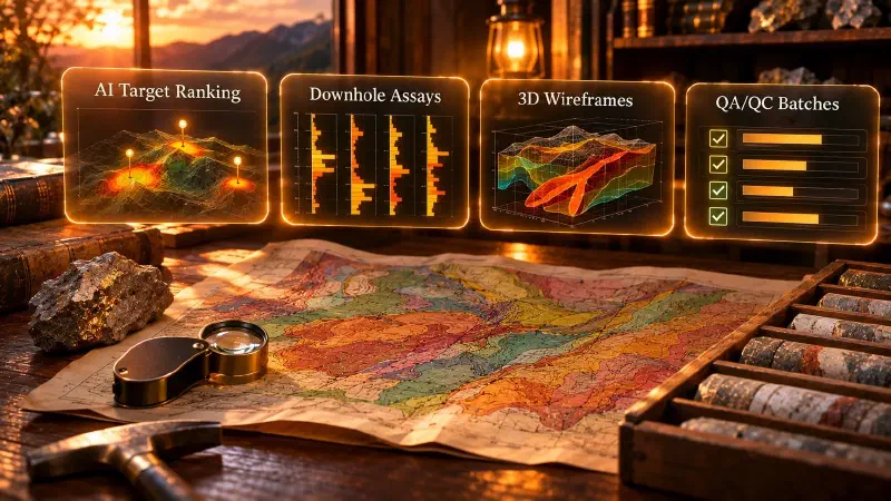 The best exploration software combines target generation, chemical analysis, database governance, and 3D modelling into an integrated mineral discovery workflow. Photorealistic 3D render of an exploration geologist’s desk under holographic panels showing target ranking and 3D wireframes.
