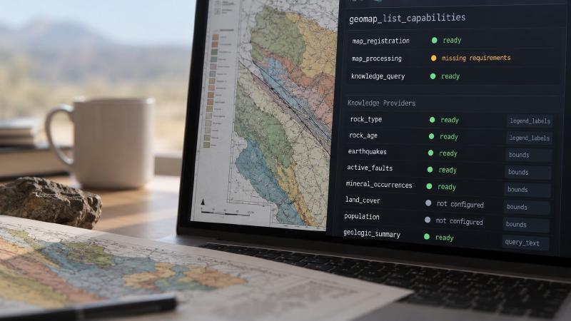 Check what is ready before the agent starts work A geology AI agent’s capability report on a laptop beside a scanned geologic map, showing map registration ready, map processing missing requirements and knowledge providers ready or not configured