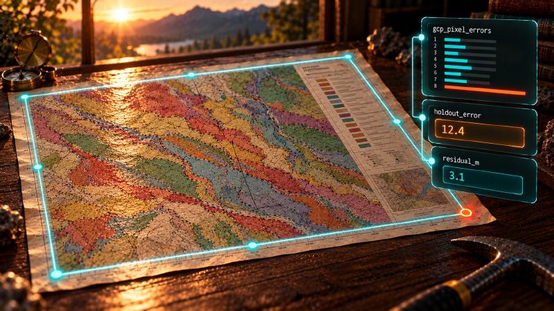 Four corners detect a bad point; the edge ticks name it Geologic AI georeferencing on a scanned geologic map: ground control points on the four corners and four edge midpoints of the neatline, with one slipped corner standing out in the per-point pixel errors