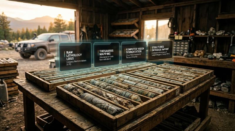 Core logging software normalizes fragmented legacy drillhole records through semantic thesaurus mapping and auditable evidence anchors. Photorealistic 3D render of a diamond core logging facility with holographic UI displaying core logging software workflows
