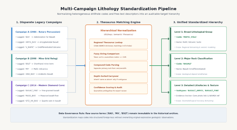 Diagram showing how disparate drillhole codes across three exploration campaigns map into a unified lithology hierarchy. Diagram of three logging campaigns’ terms mapped to one lithology scheme