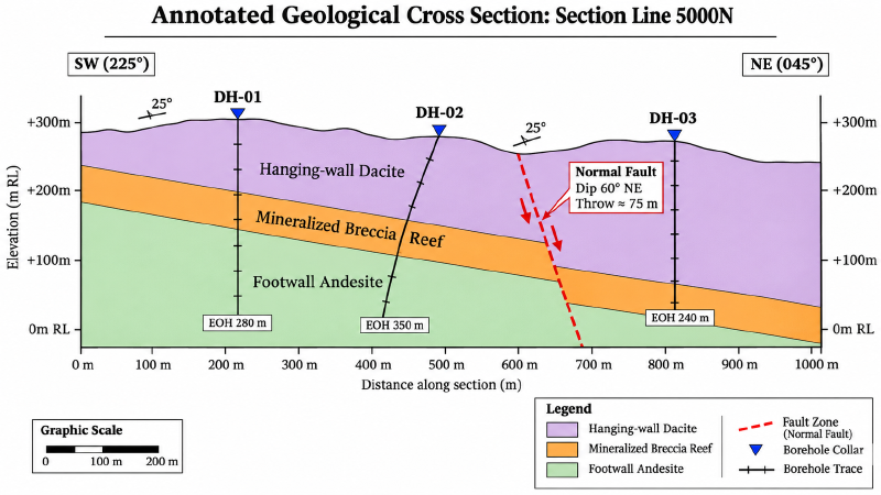 Geological cross section with topography, contacts, dip symbols, and boreholes labelled. Geological cross section with topography, contacts, dip symbols and boreholes labelled
