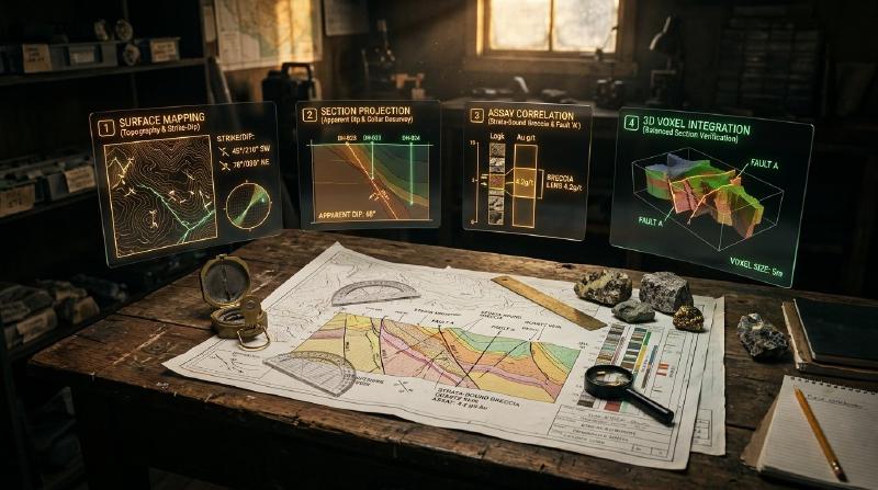 Cross section geology workflows integrate surface structural dips and drillhole assay intervals into geometrically balanced subsurface models. Photorealistic 3D render of an exploration drafting desk with holographic panels displaying cross section geology