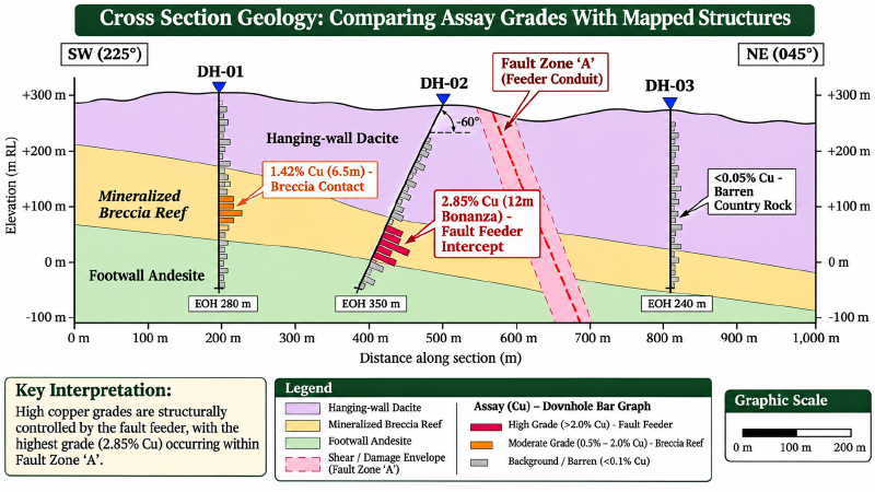 Cross section with assay values plotted next to faults and contacts. Cross section with assay values plotted next to faults and contacts