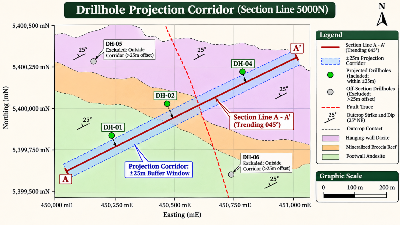 Map showing a section line and a corridor of projected drillholes. Map showing a section line and a corridor of projected drillholes