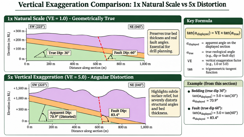 Same cross section drawn without and with vertical exaggeration. Same cross section drawn without and with vertical exaggeration