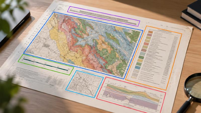 A scanned geologic map on a desk with coloured boxes around its title, main map, legend, scale bar, index map and cross-section, found by machine learning in geology