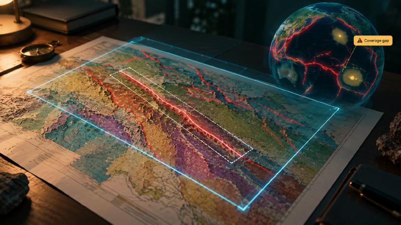 Known faults in the area, with thin coverage flagged A geology AI overlay of active faults: red fault lines cross a blue search box drawn over a scanned geologic map, one long fault is outlined with a dashed box, and a globe flags a coverage gap