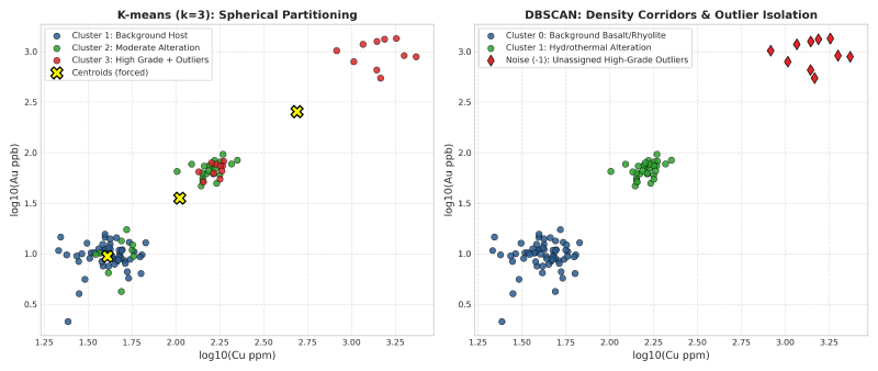 Same geochemical samples clustered by K-means and by DBSCAN, side by side
