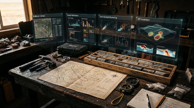 Photorealistic 3D render of a geologist&rsquo;s workbench with four holographic panels showing drillhole collars, assay verification, geochemical clustering, and 3D inversion.