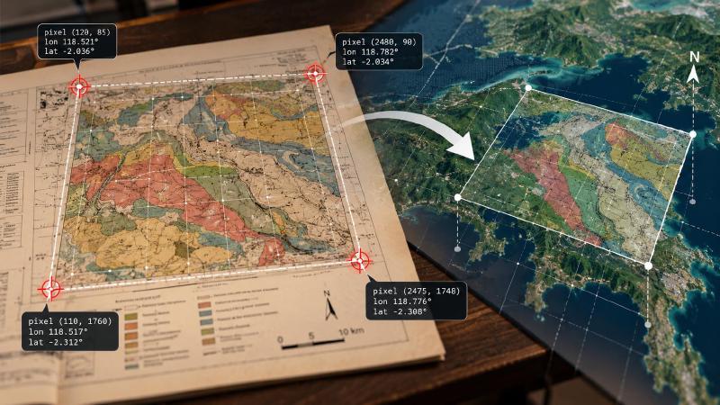 AI geology georeferencing: four control points at the corners of a scanned geologic map, each pairing a pixel position with a longitude and latitude, place the map on a satellite view