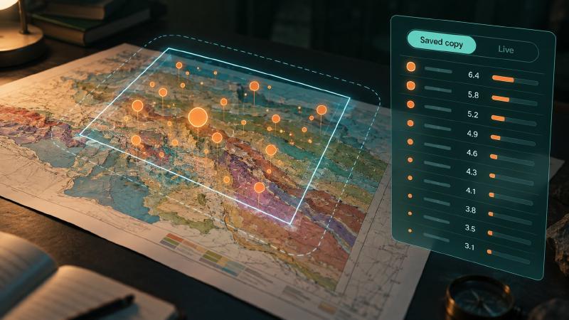Recorded earthquakes in the map area, from a saved copy by default A geologic AI overlay of earthquake history: orange circles sized by magnitude mark past earthquakes inside a blue search box on a scanned geologic map, with a dashed margin just outside it and a panel of records read from a saved copy