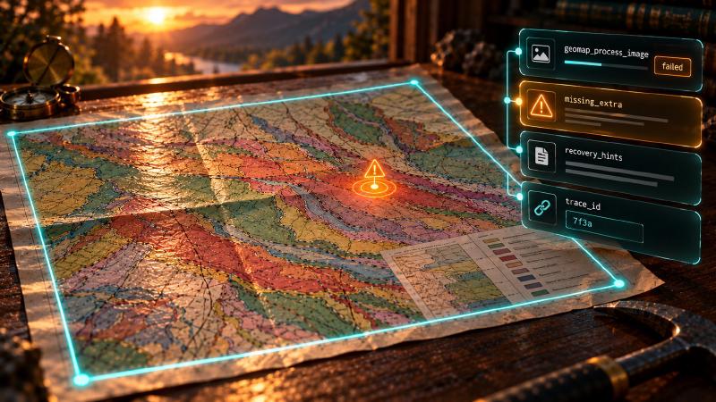 Geology AI error handling on a scanned geologic map: a failed geomap_process_image call returns the missing_extra code with recovery hints and a trace ID
