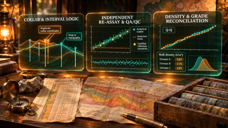 Photorealistic render of a geologist&rsquo;s desk with old drill logs and core box under holographic panels showing database validation, re-assaying, and density checks.