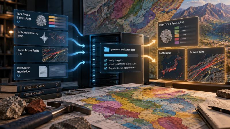 One fixed package, checked, then installed on the server A geological database being installed: K2 rock type and age lists, USGS earthquake history and GEM active faults flow into the map server, which then serves rock, earthquake and fault lookups