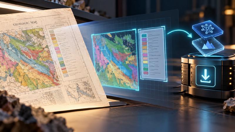 Installed once on the server, the model finds the map and its legend Geology machine learning at work: a scanned geologic map with its legend, the main map and legend outlined by detection boxes, and two model files dropping into the map server