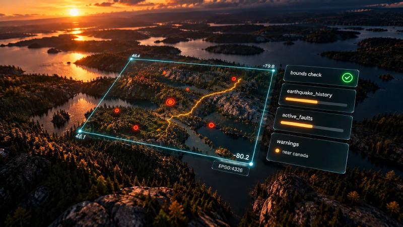 Four coordinates and no map: the server checks the box’s syntax, not its place Geology AI query box over boreal forest and lakes, drawn from four EPSG:4326 coordinates with no map, beside panels for the bounds check, earthquake and fault results and warnings