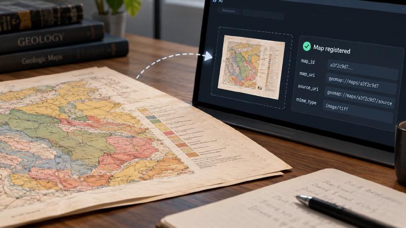Register the map once; every later tool uses its ID An old scanned geologic map on a desk being loaded for AI for geology work, with the screen showing it registered under a map ID and geomap:// links