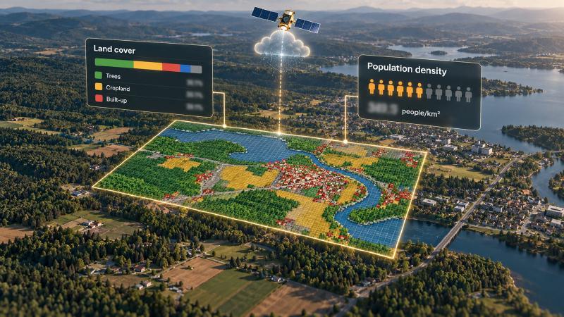 What covers the ground, and who lives there Geologic AI measurement of a map area: a glowing box over forest, farmland, a river and a small town, split into squares coloured by land cover, with one panel showing the shares of trees, cropland and built-up land and another showing population density in people per square kilometre
