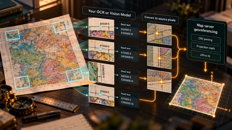 Let the model read, and let code measure Geological AI pairing on a scanned geologic map: crops of the corner ticks go to your OCR or vision model, which reads values such as 660000 E and 5400000 N, then each tick is converted to source pixels before the map server parses the CRS, runs the projection math and fits the affine
