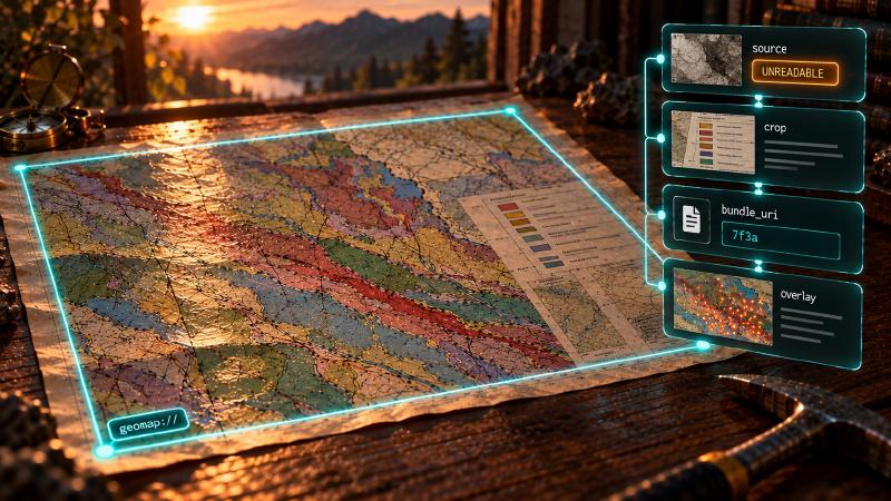 Pass the name, and the server fetches its own copy AI geology handles on a scanned geologic map: the full scan is UNREADABLE to the agent, so its crop, query bundle and overlay move between tools as geomap:// handles
