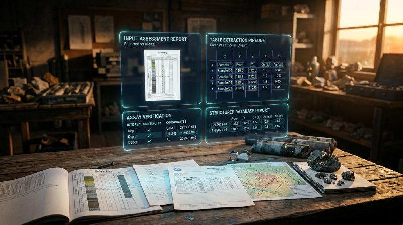 Photorealistic 3D render of an exploration desk with holographic panels demonstrating PDF table extraction for geological reports