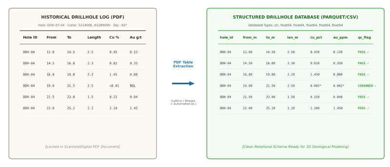 PDF assay table from a geological report next to the extracted spreadsheet