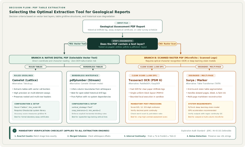 Decision flow for choosing a PDF table extraction tool by PDF type and table layout