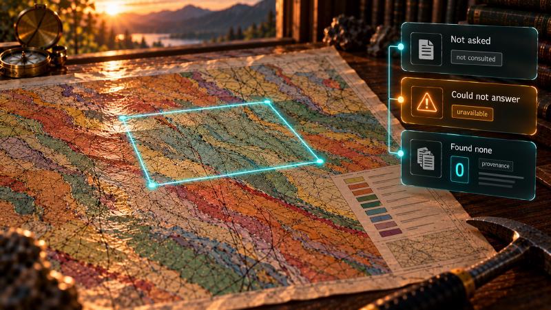 Not asked, could not answer, found none: only the last is a true zero AI for geology lookup on a scanned geologic map: an empty query box, with the result split into not asked, could not answer and found none, and only the last carrying a zero with its provenance