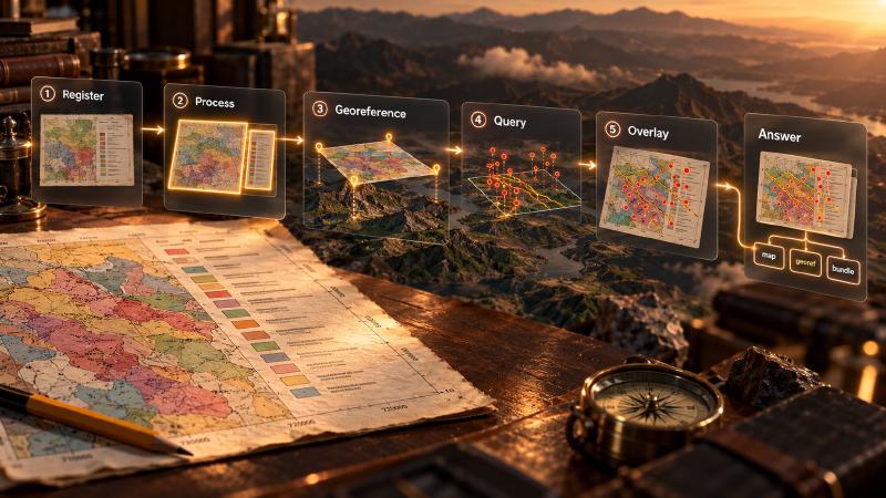 Five steps, each handing the next an ID AI geology pipeline: a scanned geologic map moves through five steps, register, process, georeference, query and overlay, onto real terrain where earthquakes and faults are found, and ends in an answer linked to its map, georef and bundle