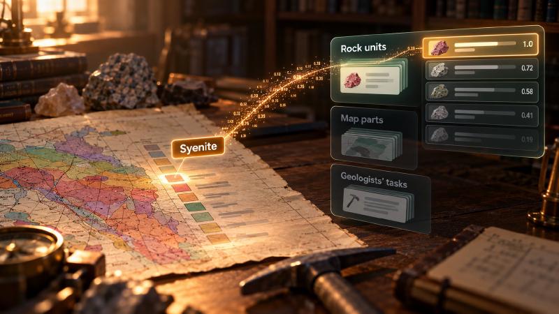 Closest in meaning, ranked, and not always relevant Geological AI semantic search: the legend label Syenite on a paper geologic map turns into numbers and is matched against rock units, map parts and geologists’ tasks, returning ranked notes whose scores fade from 1.0 to 0.19