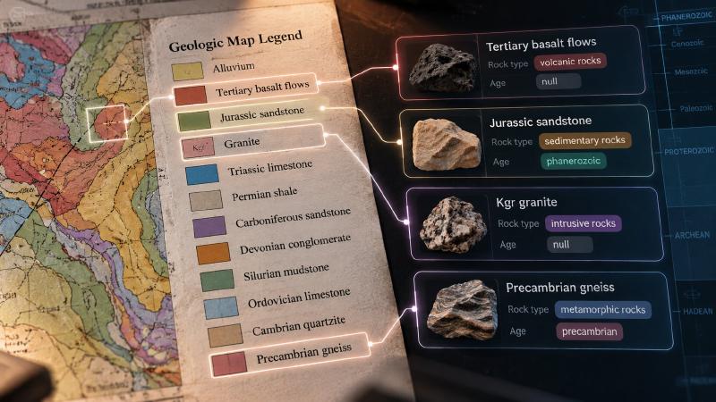 AI in geology legend lookup: four labels from a geologic map legend, such as Jurassic sandstone and Kgr granite, linked to cards showing each rock type and age, with null where no age matched