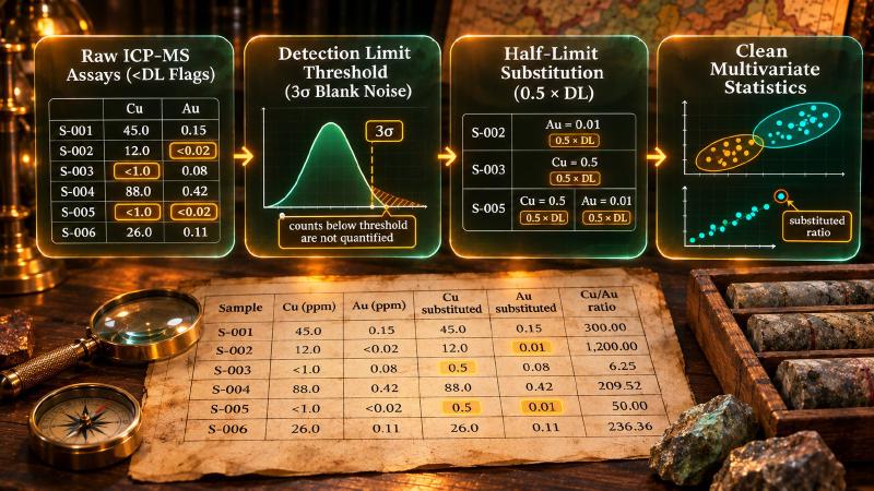 Photorealistic 3D render of a geologist&rsquo;s workbench with holographic panels displaying raw assay values, detection limit thresholds, half-limit substitution, and clean multivariate statistics.