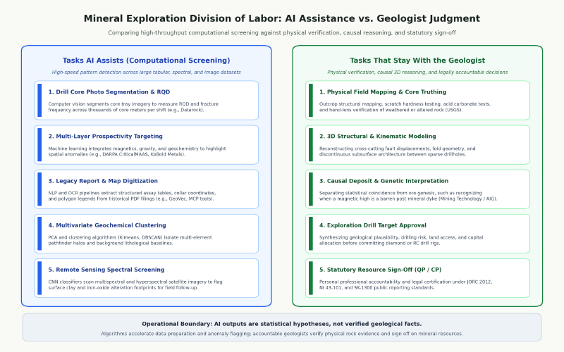 Two columns of geology tasks: those AI assists and those that stay with geologists