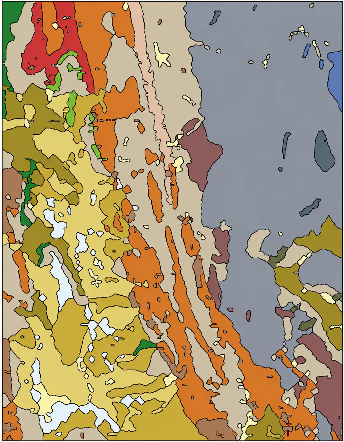 The same area vectorised into clean, connected lithology polygons with crisp boundaries.