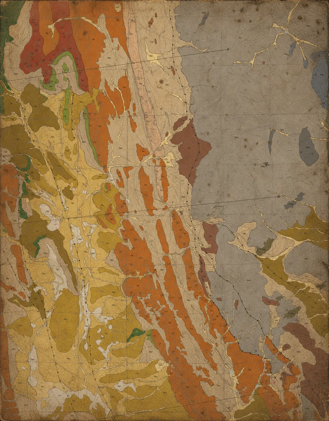 A scanned geological survey map with weathered colouring, broken lines and faded shading.