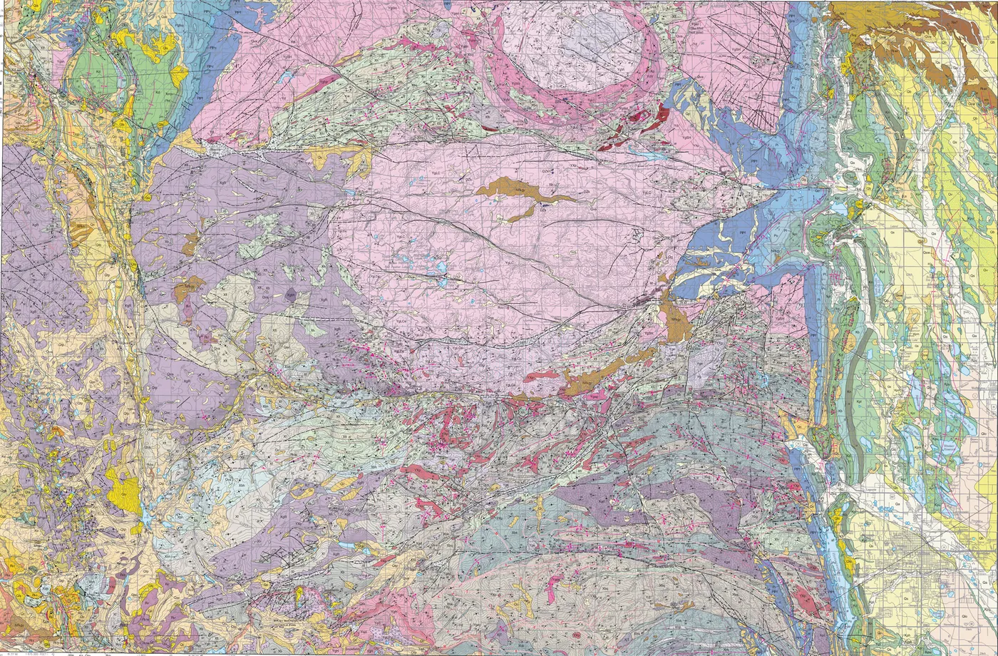A scanned, published geological map sheet: dense colour units, contact lines, faults and annotation crowded across the page.
