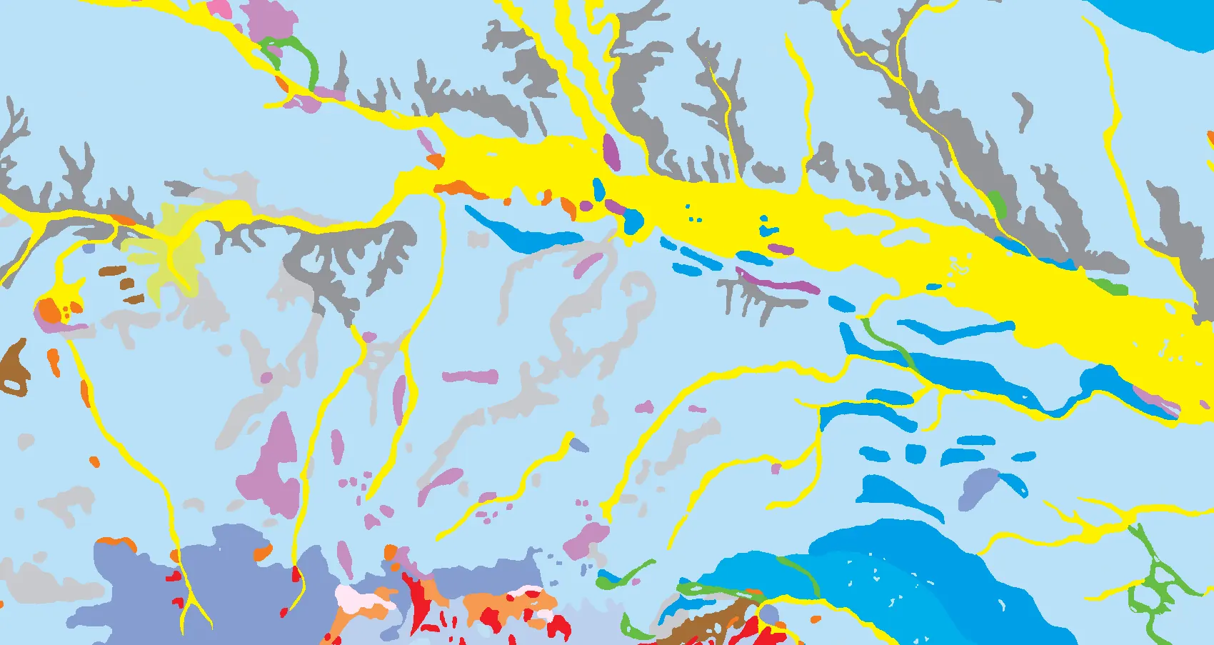 One geological sheet shown twice: the degraded scan on the left, the vectorised polygons on the right, with recovered borehole collars marked across the vectorised half.
