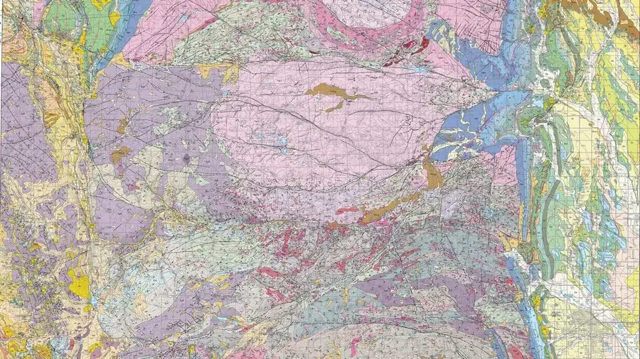A Soviet-era geological survey sheet of Kyrgyzstan before georeferencing, dense with hand-drawn lithological boundaries.