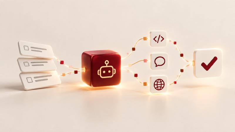The task gets done, and the result gets checked Agentic AI benchmarks: task cards pass through an AI agent and its tools to a checkmark