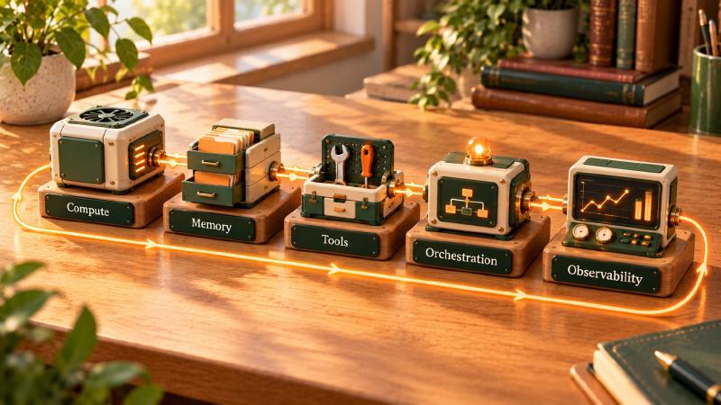The same five layers recur in agentic stacks, from compute to observability, linked in one loop. Agentic infrastructure as five modular blocks on a sunlit desk: compute, memory, tools, orchestration, observability