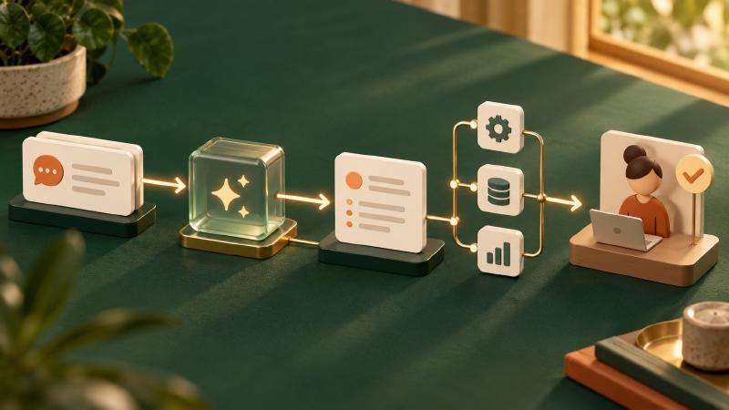AI integration places model output inside a workflow where people can review and use it. A business request passes through an AI summary and connected systems before human review.