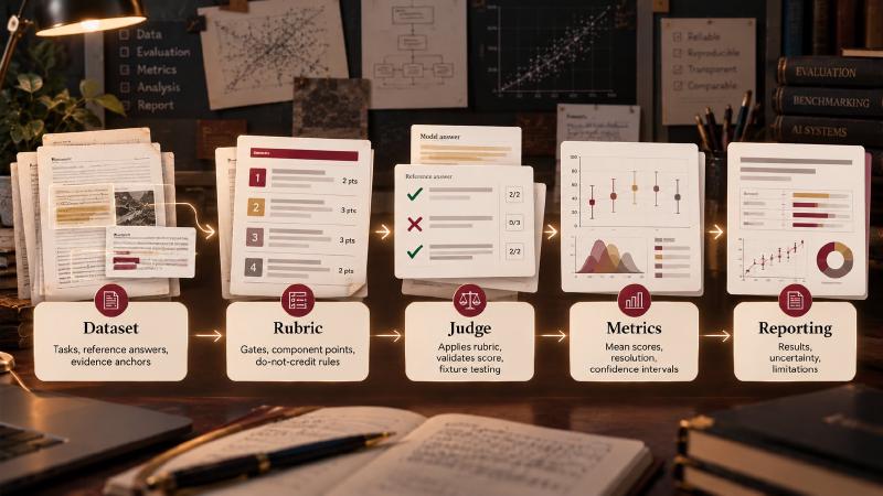 Each component can fail on its own, so each one needs its own check Five connected cards showing an AI evaluation framework: Dataset, Rubric, Judge, Metrics and Reporting