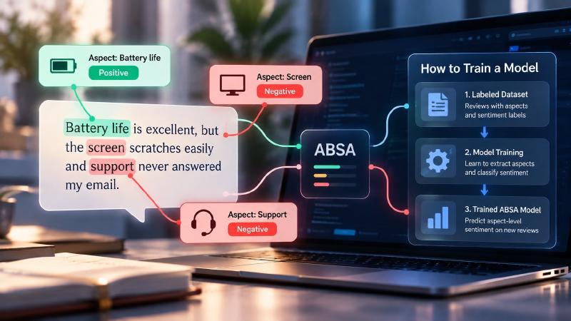 Aspect based sentiment analysis example: one review split into battery life (positive), screen (negative) and support (negative), beside the three steps of training an ABSA model