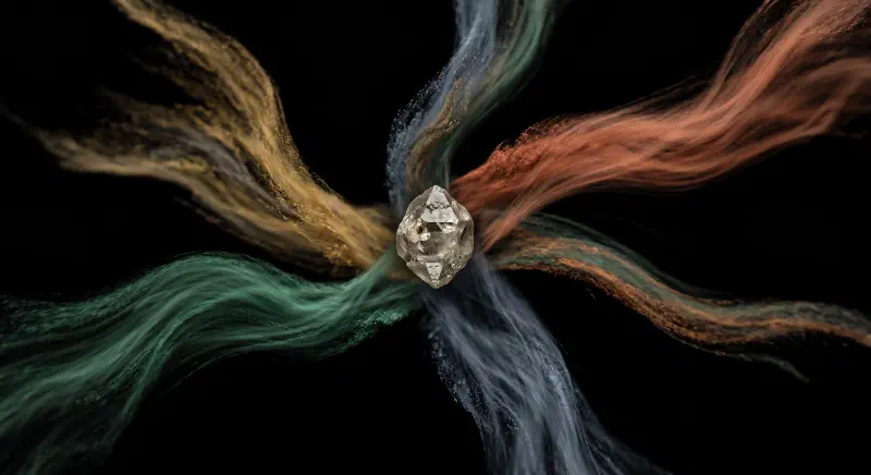 One fixed point, several harnesses flowing around it Abstract render of a single sharp, still mineral crystal at the center, with several softly blurred streams of color flowing outward around it in different directions